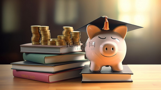 大猪背景图片_省钱毕业生 3D 渲染存钱罐在书堆上与硬币