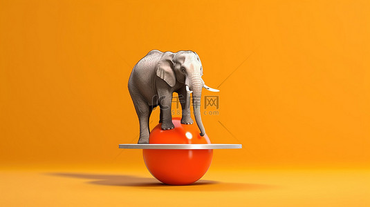 非洲大象在带有停车标志的橙色球上保持平衡的 3D 插图