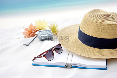 防寒帽子背景图片_海滩上的帽子和太阳镜