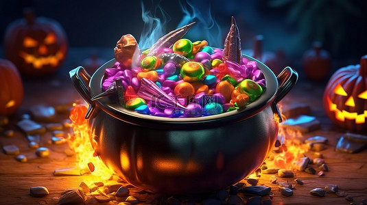 万圣节女巫的大锅里装满了糖果的 3D 插图