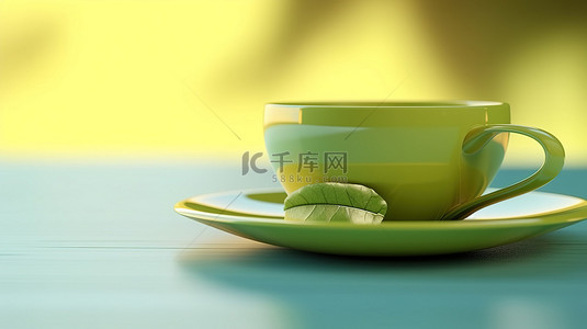 浅色背景上绿茶杯的 3D 渲染