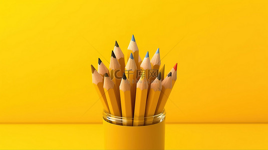 用于教育或创意目的用铅笔渲染黄色背景的 3D 渲染