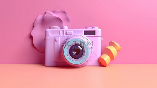 粉红色时尚背景背景图片_3D 渲染中充满活力的粉红色背景上的柔和相机