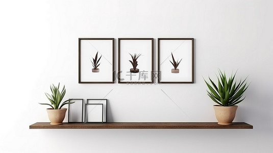 白墙上挂着的几个简单木制相框的渲染 3D 概念