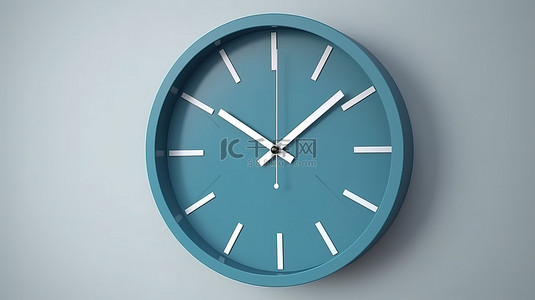 8 点钟方向的孤立白色背景上带有阴影的蓝色挂钟的 3D 插图