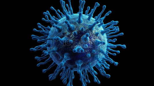 蓝色电晕病毒细胞黑色背景的 3d 渲染