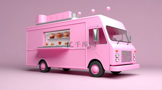 粉红色车背景图片_带广告板的粉红色食品卡车 3d 渲染概念