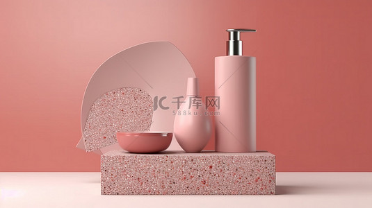 在 3D 渲染中在粉红色纸卷表面展示您的品牌和产品化妆品瓶和水磨石