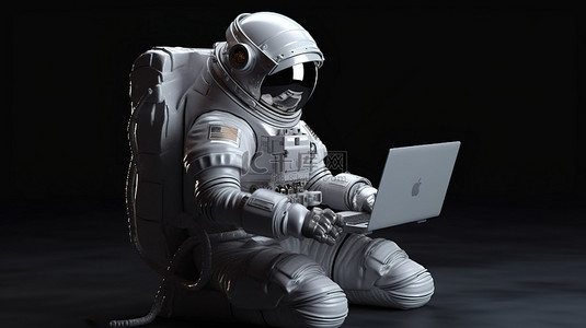 数字设计宇航员穿着宇航服通过 3D 渲染操作笔记本电脑