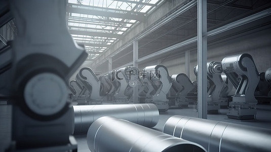工厂场景机械臂 3D 渲染，拿着钢板卷