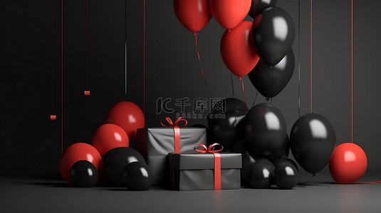 3D 渲染黑色星期五销售横幅，带有标签礼品盒购物袋和气球设计概念