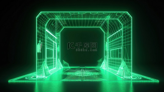 虚拟霓虹灯足球场，从独特的角度对足球场大门进行 3D 渲染