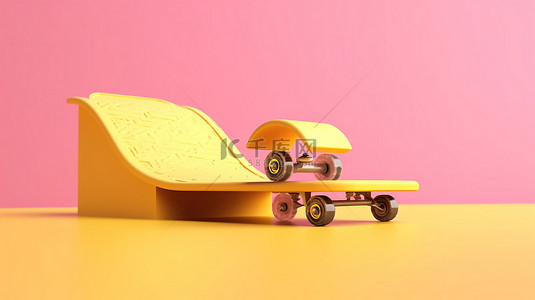 半管坡道上的当代滑板，采用黄色粘土设计，搭配粉红色背景 3D 渲染