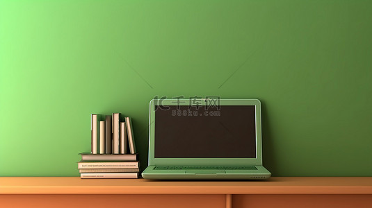 绿色电脑背景背景图片_绿色架子上笔记本电脑的垂直背景 3D 插图