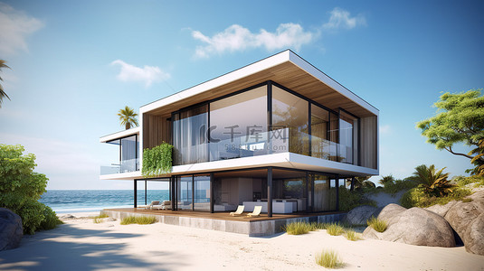 3d 渲染的现代海滨别墅的外观