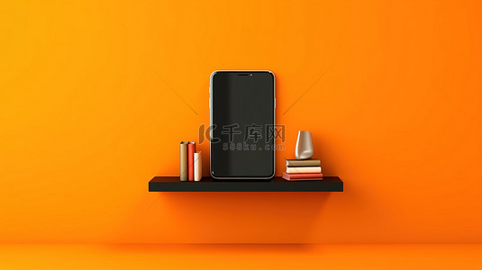 办公室拿手机背景图片_方形背景的 3D 插图，橙色墙架上拿着手机