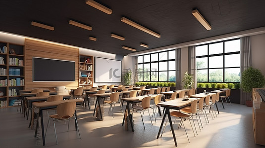 黑板学生背景图片_时尚的教室配有宽敞的黑板 3D 渲染，配有木制学生课桌