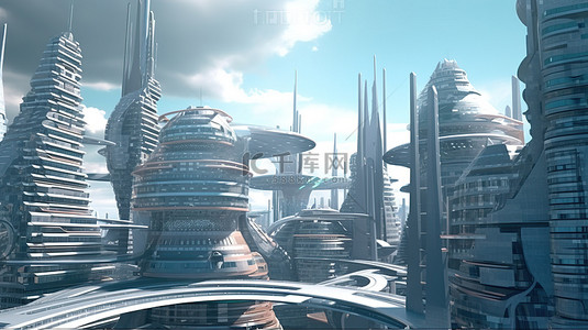 3D 科幻城市景观中的有机摩天大楼和未来派建筑非常适合幻想背景
