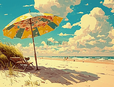 卡通装饰沙滩背景图片_遮阳伞躺椅夏日海边沙滩水彩背景