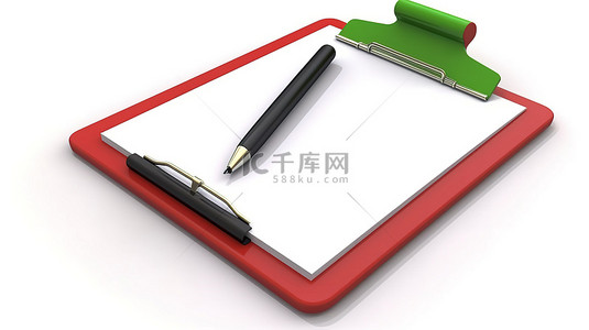 人物勾线背景图片_带有绿色刻度线红色剪贴板笔和 3d 白色背景的空白清单