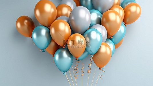 浅色背景下充满活力的蓝色和橙色气球的 3D 渲染