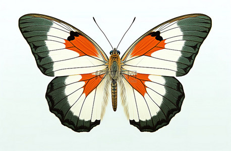 蝶背景图片_一只橙色和白色的帝王蝶栖息在灰色和白色的背景上