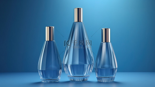 蓝色背景护肤品背景图片_充满活力的蓝色背景上的化妆品瓶架的 3D 渲染