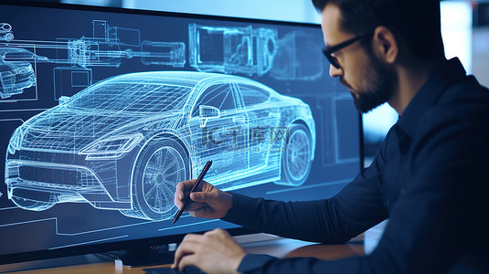 汽车工程师背景图片_汽车工程师在虚拟屏幕上设计 3D 原型