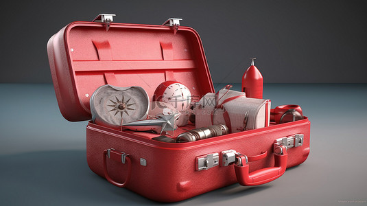 带有 3d 渲染旅行配件的旅游必需品红色手提箱