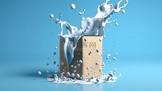 喝饮料背景图片_蓝色背景的 3D 渲染插图，牛奶溅到饮料纸盒上