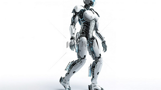 行走的女人背景图片_女性机器人或机器人行走的白色背景 3D 渲染