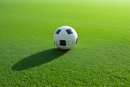 足球坐在一条线右侧的草地上