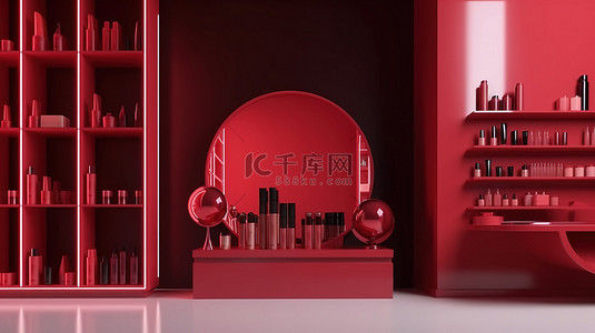 最小红墙时尚展示 3D 渲染空场景，用于展示化妆品