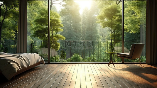现代阳台背景图片_现代阳台景观房，拥有 3D 渲染的宁静森林背景