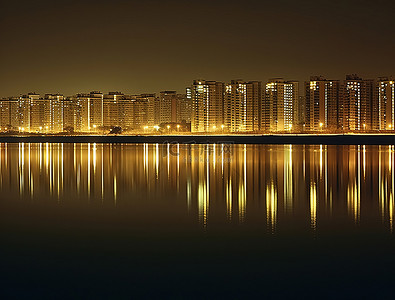 城市倒影背景图片_夜晚的城市在湖面上，水面上有倒影