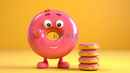 黄色的金币背景图片_草莓粉色釉面甜甜圈吉祥物的 3D 渲染，带有存钱罐和充满活力的黄色背景上的金币