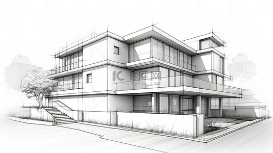 白色的房屋建筑背景图片_具有建筑草图和现代透视线的房屋建筑的 3D 线框插图