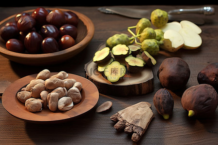 食品栗子背景图片_木桌上的奇亚籽栗子抱子甘蓝和苹果
