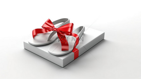 红白色现代背景图片_新打开的现代触发器凉鞋，白色背景 3d 渲染上带有红丝带