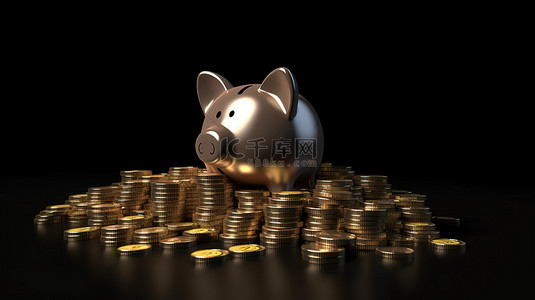 一个金色存钱罐的插图，上面有一叠硬币，通过 3D 渲染代表金融储蓄存款和投资概念