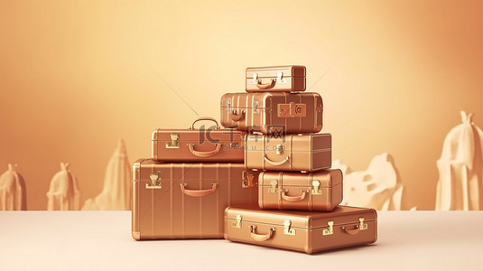 优雅的古董行李箱 3d 呈现奶油色和金色背景上的复古旅行箱