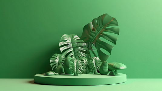 绿色背景 3D 渲染上的龟背竹棕榈装饰 3D 讲台