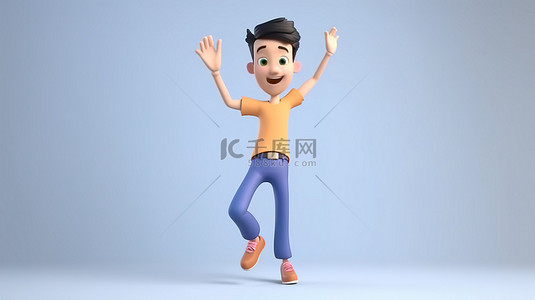 一个亚洲人在 3D 渲染中举起双手跳跃和跳舞的正面插图
