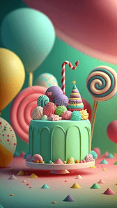 雕刻卡通背景图片_生日蛋糕糖果绿色卡通立体背景