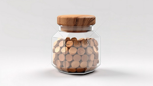 木制茶壶背景图片_带木盖模型的独立剪出六角形罐子的 3D 渲染