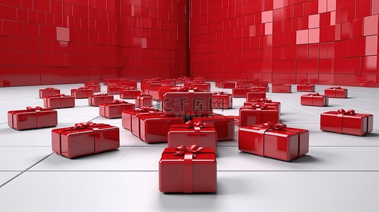 各种各样的节日红色圣诞礼品盒，位于单色红色空间 3D 渲染的地板上