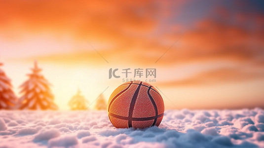 落日的天空为进球后的 3D 渲染冰冻橙色篮球增添了戏剧性