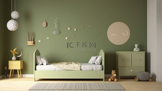 绿色学习学习背景图片_时尚的绿色主题儿童房，配有样机海报和床 3D 渲染