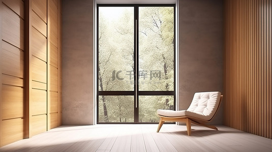 现代风格背景背景图片_现代风格的房间，在风景秀丽的树木背景下配有木椅，拥有宽敞的 3D 窗户和门
