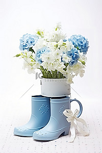 鞋花背景图片_有花瓮和蓝色鞋子的蓝色喷壶